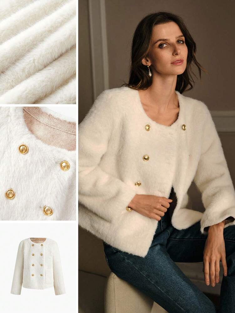 DOUBLE BREASTED LONG SLEEVE FAUX FUR COAT