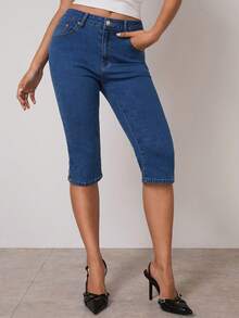 COSMINA 女士直筒七分牛仔短裤，高腰修身款 - 藍色 - 查看 1