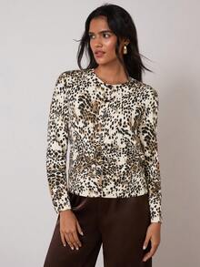 COSMINA Women's Leopard Print Round Neck Long Sleeve Casual Thin Cardigan Animal Cheetah Top,Brown And White Polka Dot,Autumn,Elegant,Everyday - Multicolor - View 2