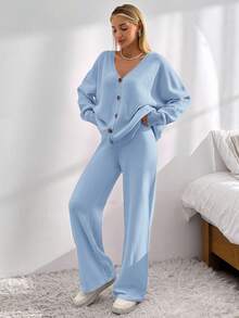 EURMUSE Drop Shoulder Cardigan & Tie Front Knit Pants - Baby Blue - View 5