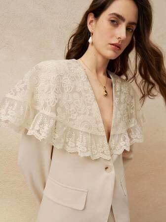 Cévolie 2pcs Set: Beige Lace Decor Blazer Jacket And Wide Leg Pants