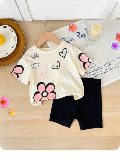 SHEIN Baby Girl Cute Knit Cartoon Pattern Short Sleeve T-Shirt And Elastic Waist Shorts Set, Summer