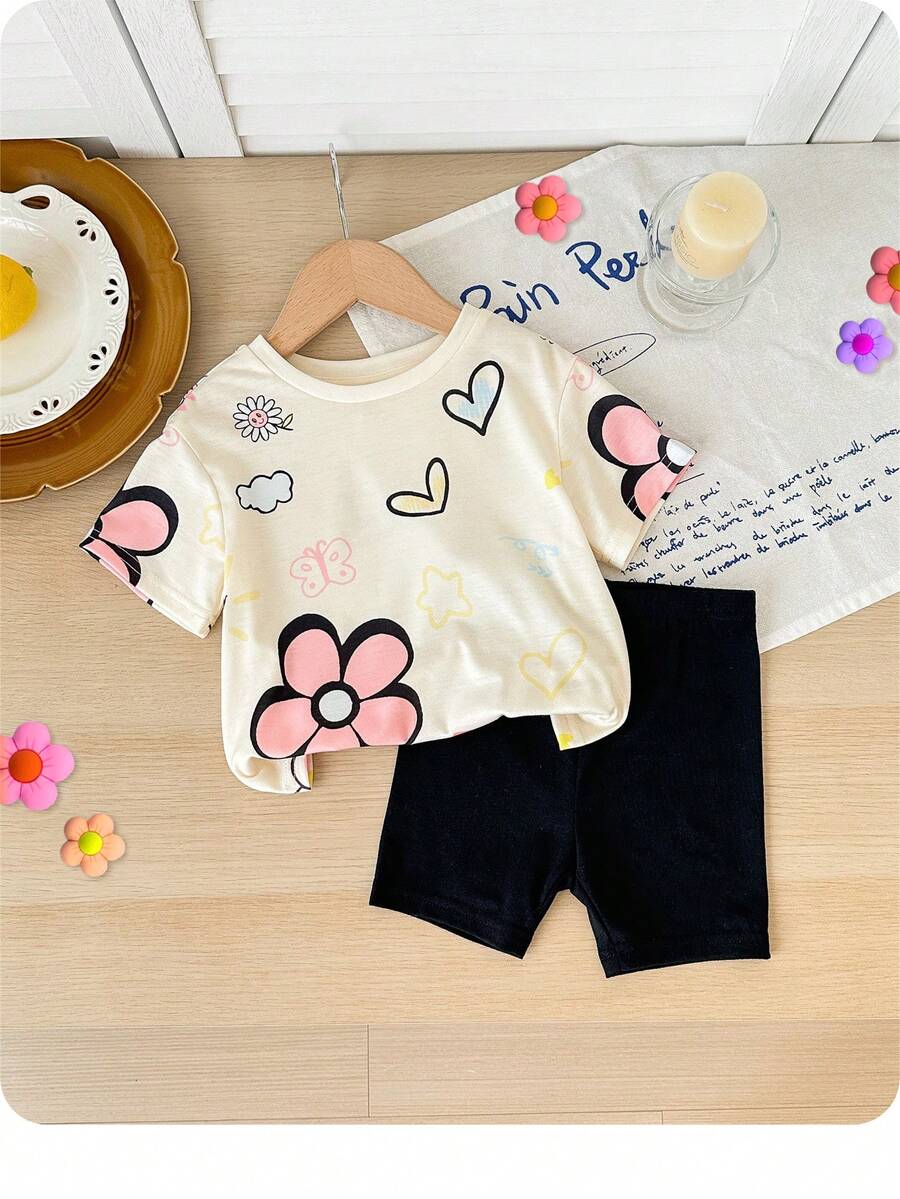SHEIN Baby Girl Cute Knit Cartoon Pattern Short Sleeve T-Shirt And Elastic Waist Shorts Set, Summer - Multicolor - View 1