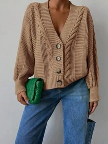 EURMUSE Cable Knit Drop Shoulder Cardigan - Brown - View 3