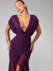 MISSGUIDED Deep V-Neck Purple Chiffon Maxi Dress With Draped Sleeves Side Slit Evening Formal - Purple - View 5