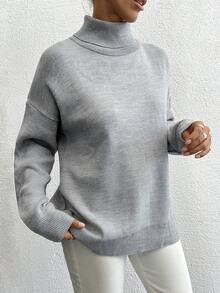 SHEIN Cottnline 女款純色寬鬆高領毛衣 - 淺灰色 - 查看 5