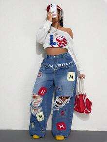 ROMWE Street Life Y2K 休闲街头风格口袋刺绣设计双腰带加大码宽松牛仔裤 - 藍色 - 查看 2