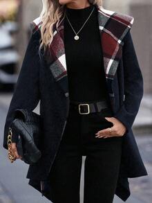 SHEIN Clasi Cappotto oversize casual da donna a quadri con colletto scialle, autunnale - Blu Navy - Visualizzare 7