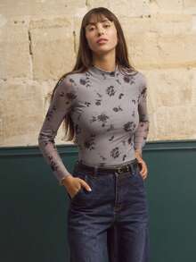 lacRébo Grey High Neck Long Sleeve Mesh Top With Black Floral Print Pattern Spring Summer - Purple - View 1