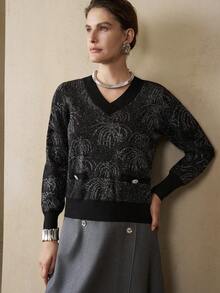 Arave Women's Viscose Loose Straight Version V-Neck Silver Thread Jacquard Beaded Diamond Buckle Fake Pocket Design Daily Commuting Long-Sleeved Pullover Sweate Fall Clothes For Women Winter Clothes Black Sweater Women's Winter Sweater, - Black - View 5