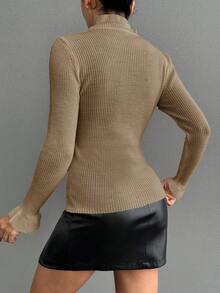 EURMUSE Pulover elegant pentru femei, casual, de zi cu zi, cu guler înalt, culoare solidă, cu mâneci cu volane, toamnă/iarnă - Cămilă - Vizualizare 2