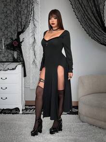 Whyspr Fashionable Long Sleeve Lace Patchwork Slim Fit Split Punk Dress - Black - View 7