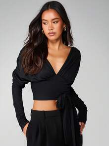 MISSGUIDED 秋冬时尚长袖 V 领裹身上衣，带系带细节 - 黑色 - 查看 5