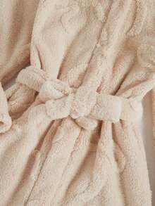 女童粉色简约别致蝴蝶结花朵毛绒长袖睡袍，冬季居家休闲睡衣，温暖过冬 - 杏色 - 查看 6