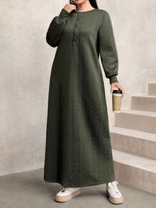 Modelyn Moletom longo solto plus size feminino, casual, texturizado, gola redonda, verde, outono/inverno - Verde escuro - Ver 4