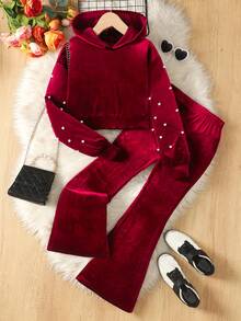 SHEIN Tween Girls' Casual Comfy Hooded Crop Top & Flare Pants Set - Red - View 8