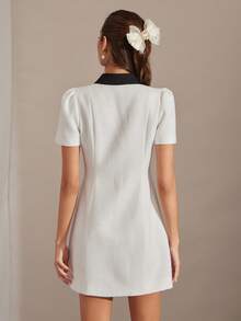 Enchnt Vestido de verano casual y elegante de manga corta con cuello de contraste de color para mujer - Blanco - Ver 6
