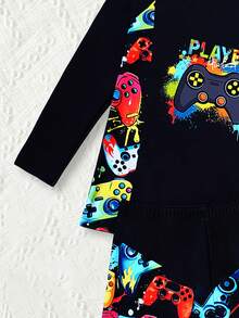 2pcs Tween Boy Cartoon Game Console Print Long Sleeve Top + Shorts Swimsuit Set, Beach/Vacation - Black - View 4