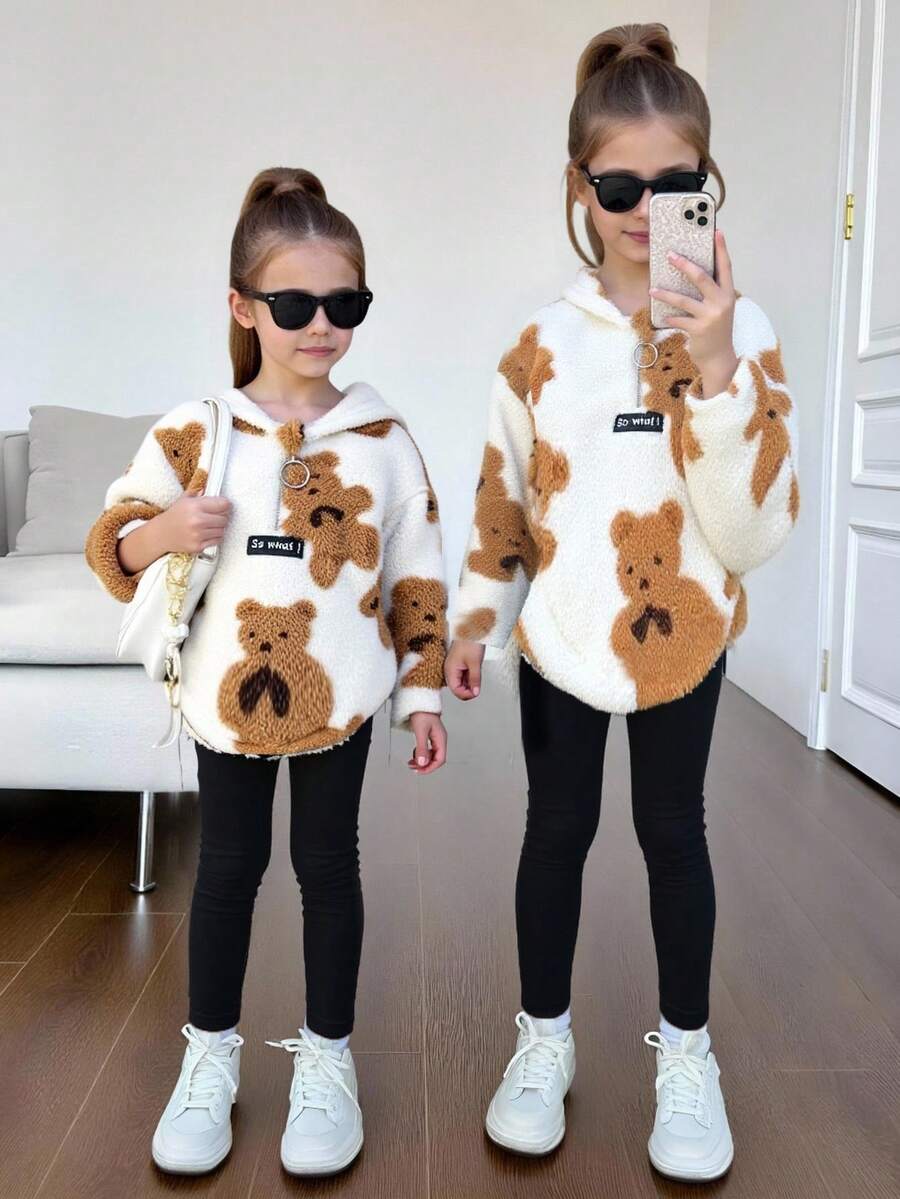 SHEIN 少女冬季两件套可爱卡通泰迪熊毛绒卫衣和裤子套装,秋冬季 - 黑與白 - 查看 1