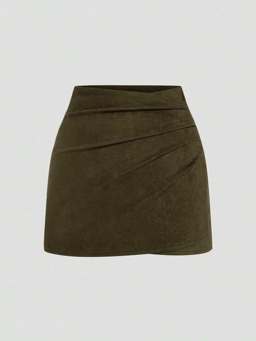 Sweetra CURVE Plus Size Suede Pleated Asymmetric Zipper Decor Short Skirt, Minimalist Style For Commuting, Autumn/Winter - Olive Green - View 1