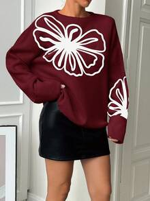 EURMUSE Women Floral Print Crew Neck Long Sleeve Simple Casual Tops, Everyday Wear - Burgundy - View 5