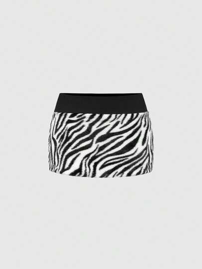 ROMWE Grunge Punk Y2K Zebra Print Fuzzy Ultra Low-Rise Mini Skirt