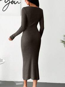 EURMUSE Women's Solid Color V-Neck Long Sleeve Ribbed Fitted Elegant Casual Knit Dress, Fall Work Everyday Coffee Brown - Mocha Brown - View 3