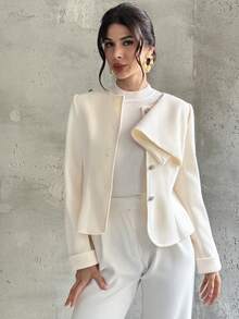 Firerie 女士优雅精致正式日常通勤都市时尚新款金属扣装饰二合一长袖收腰奶油白色夹克，秋冬 - 米色 - 查看 4