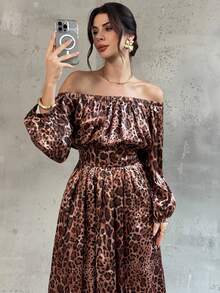 Firerie Women's Elegant Brown Leopard Print Off Shoulder Maxi A-Line Dress,Seductive Cinched Waist Lantern Sleeve Autumn Party Fashion Exquisite Date Gown - Brown - View 2