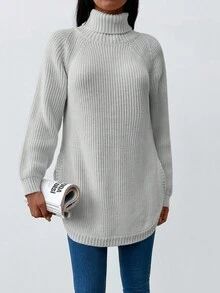 EURMUSE Women's High Neck Raglan Long Sleeve Sweater - Light Grey - View 3