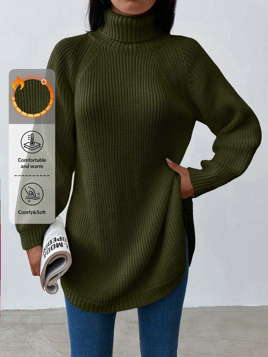 EURMUSE 女式纯色立领插肩长袖宽松休闲毛衣 - 軍綠色 - 查看 1