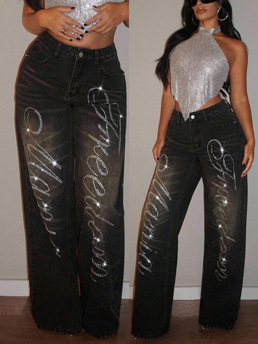 Jeanoix Women's Retro Y2K Style Rhinestone Embellished Straight Leg Jeans