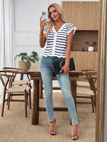 SHEIN LUNE Contrast Stripe Short Sleeve Hollow Out Knit Top Sweaters For Women Fall Sweaters - Blue - View 6