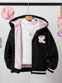 SHEIN Explorewe Jaqueta feminina preta com forro térmico e letras bordadas, ideal para passeios, viagens e uso diário. Confortável e perfeita para a volta às aulas. Jaqueta com capuz para meninas, jaqueta de inverno preta, jaqueta de fleece rosa e jaqueta com capuz para meninas. - Preto - Ver 1