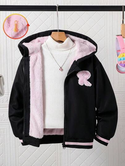 SHEIN Explorewe 幼女字母印花貼布拉鍊連帽保暖抓絨內裡黑色外套，適合秋冬日常穿著，寬鬆舒適