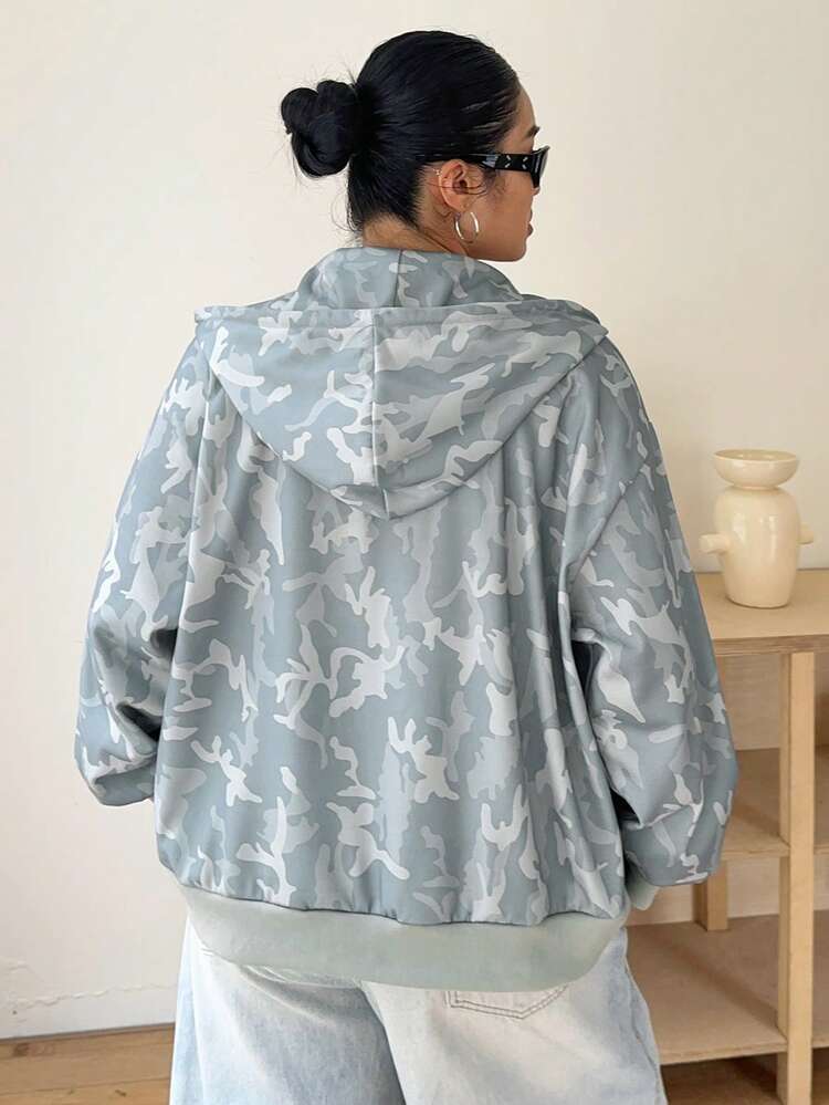 Dazy Plus Plus Size Leopard Print Hooded Zip-Up Long Sleeve Sweatshirt For Plus Size Women, Spring/Autumn Sweatshirts