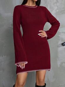 EURMUSE Women Color Block Sweater Dress With Striped Edges - Burgundy - View 3