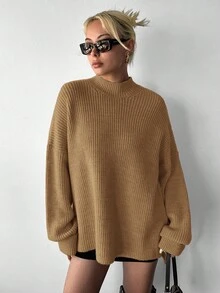 小高領落肩袖下擺開叉套頭毛衣 - 駝色 - 查看 7