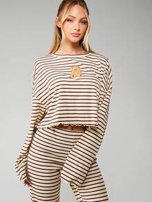 MISSGUIDED 圣诞罗纹条纹休闲套装，带泰迪熊刺绣长袖短款上衣睡裤，舒适居家穿着 - 彩色 - 查看 3