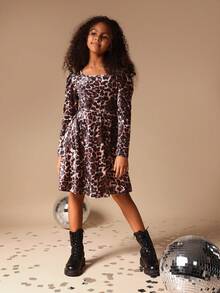 SUMWON Tween Leopard Print Velvet Long Sleeve Fit And Flare Dress With Bow Back Detail - Brown - View 2