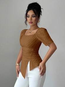 Elenzga Women's Fashionable & Elegant Square Neck Short Sleeve Cinched Waist Graceful Pink T-Shirt Top - Brown - View 5