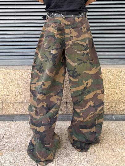 Street Life Jeans cargo à lame incurvée vintage et avec motif camouflage pour hommes