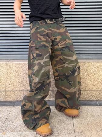 Street Life Pantalones cargo de mezclilla con diseño vintage de camuflaje y corte curvo para hombres