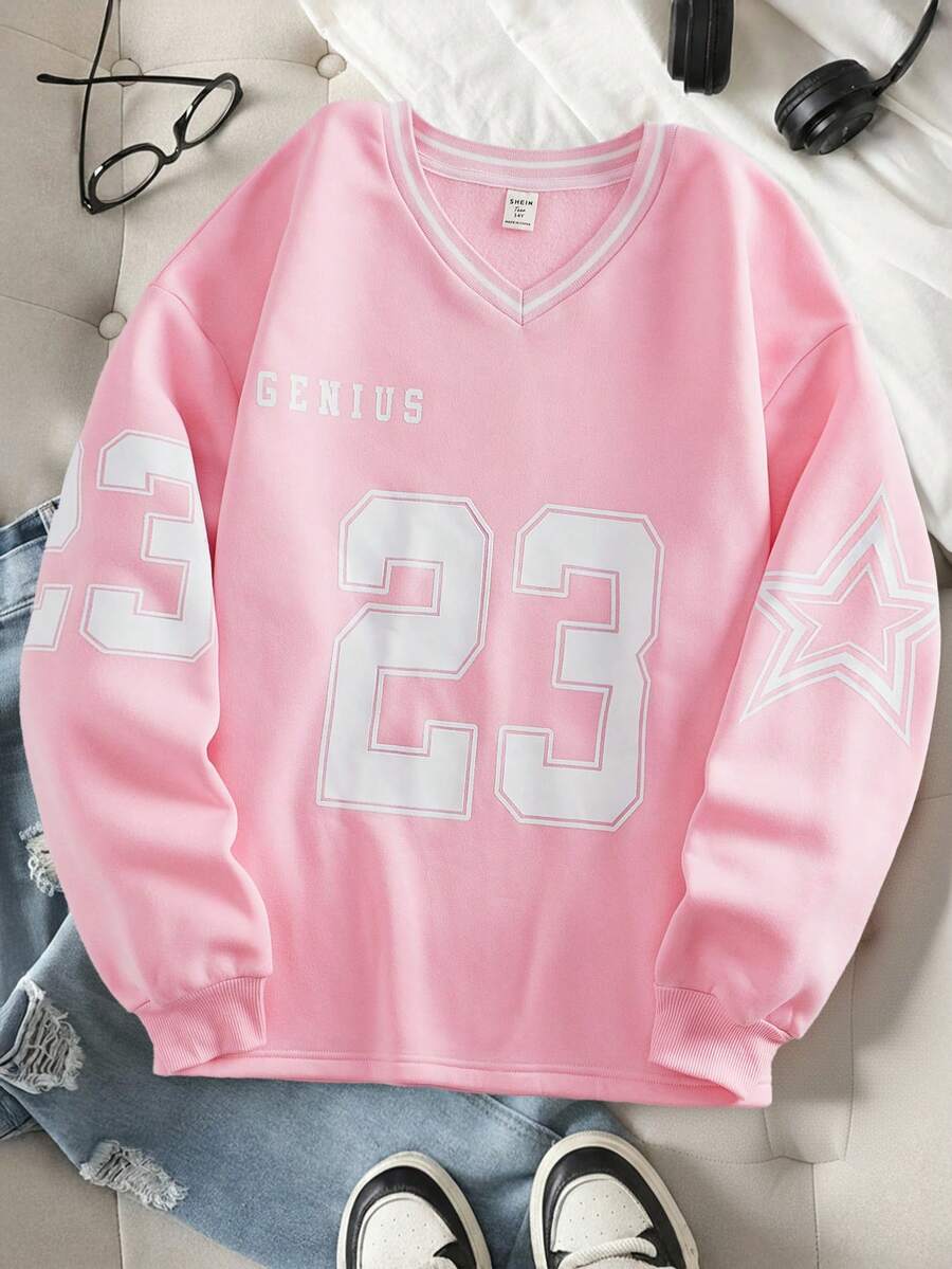 SHEIN 青少年女孩粉色羅紋領數字與英文印花寬鬆休閒秋季運動衫 - 粉色 - 查看 1