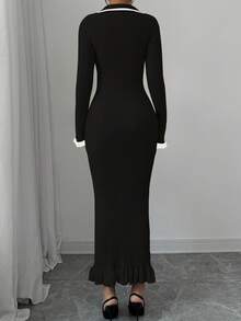 Elenzga Collared Color Block Trim Fitted Elegant Long Sleeve Sweater Dress - Black - View 2