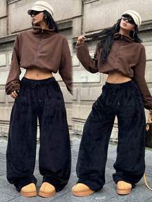 Coolane 女式秋季街头时尚休闲复古灯芯绒纹理长裤 - 黑色 - 查看 2