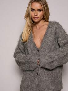 SHEIN BAE 女士常规纯色长袖单排扣休闲针织开衫，秋冬季，冬季，女士冬季，秋季，女士秋季，女士秋季，万圣节，圣诞节，女士圣诞节，新年，感恩节，女士新年，圣诞毛衣，女士冬季毛衣，灰色开衫毛衣，适合外出穿着的毛衣，休闲毛衣，派对上衣，派对 - 灰色 - 查看 1