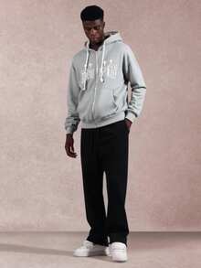 SUMWON Gothic Letter Print Zip-Up Hoodie With Cross Embellishments For Winter Casual - Grey - View 4