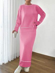 EURMUSE Women Solid Color Round Neck Drop Shoulder Stripe Pattern Pullover & Sweater Skirt Set - Baby Pink - View 2