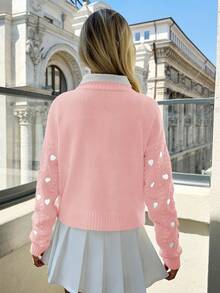 EURMUSE Women Hearth Embroidery Textured Knit Round Neck Pullover - Baby Pink - View 5